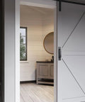 2 Pack Black Matte Finish Barn Door And Cabinet Pull Handles Heavy Duty Door Hardware installed on white barn door