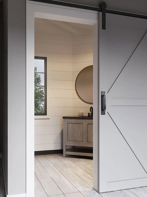 2 Pack Black Matte Finish Barn Door And Cabinet Pull Handles Heavy Duty Door Hardware installed on white barn door