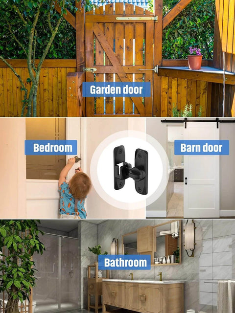90/180 Degree Flip Barn Door Lock shown on various doors including garden, bedroom, barn, and bathroom doors.