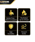 Image showing icons for barrier-free ADA compliance, fire-rated up to 3 hours, high durability, and draft prevention features.