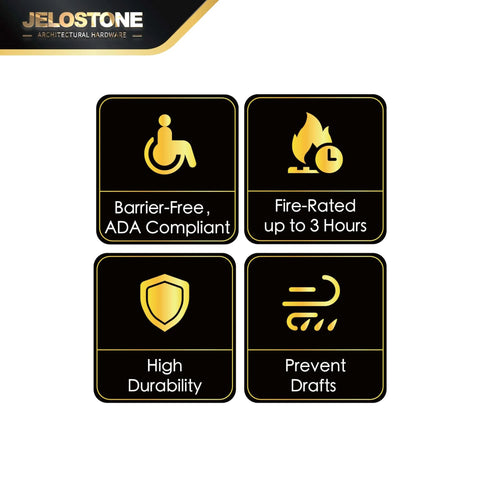 Image showing icons for barrier-free ADA compliance, fire-rated up to 3 hours, high durability, and draft prevention features.