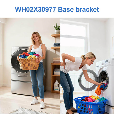 Universal Electric Pedestal Bracket And Hardware Pack For Washing Machines shown with laundry setup