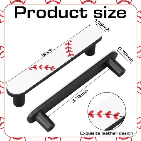 Baseball Themed 6 Pack Drawer Pulls 3.75 Inch Metal Cabinet Knobs white and black with red stitches, image with size dimensions shown