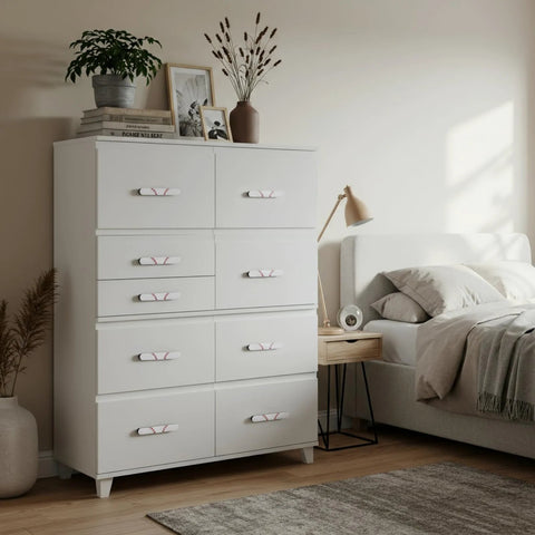 White dresser with Baseball Themed 6 Pack Drawer Pulls 3.75 Inch Metal Cabinet Knobs in bedroom setting