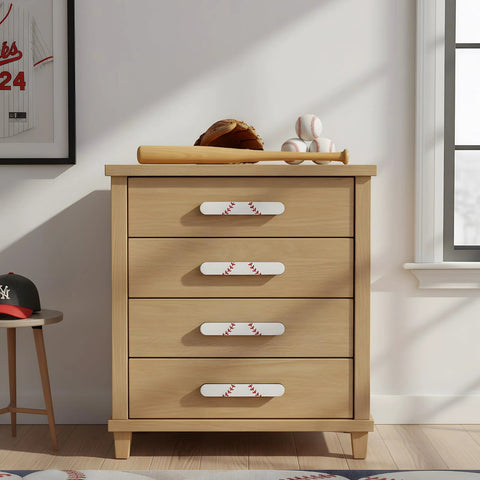 Baseball Themed 6 Pack Drawer Pulls 3.75 Inch Metal Cabinet Knobs on wooden dresser in a sports-themed room.