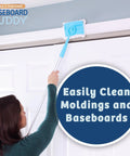Woman using Lightweight Baseboard Cleaning Tool for cleaning baseboards moldings and walls with glide and wipe action.