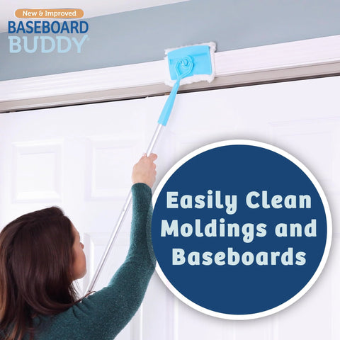 Woman using Lightweight Baseboard Cleaning Tool for cleaning baseboards moldings and walls with glide and wipe action.