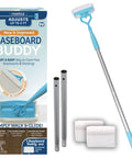 Lightweight Baseboard Cleaning Tool For Cleaning Baseboards Moldings And Walls With Glide And Wipe Action Includes One Tool And Three Reusable Pads As Seen On TV next to packaging.