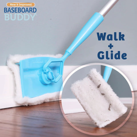 Lightweight Baseboard Cleaning Tool For Cleaning Baseboards Moldings And Walls With Glide And Wipe Action in action on floor.