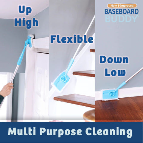 Lightweight Baseboard Cleaning Tool for cleaning baseboards moldings and walls with glide and wipe action, showing flexible use