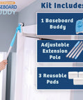Lightweight Baseboard Cleaning Tool For Cleaning Baseboards Moldings And Walls With Glide And Wipe Action Includes One Tool And Three Reusable Pads As Seen On TV, shown with adjustable extension pole and pads.