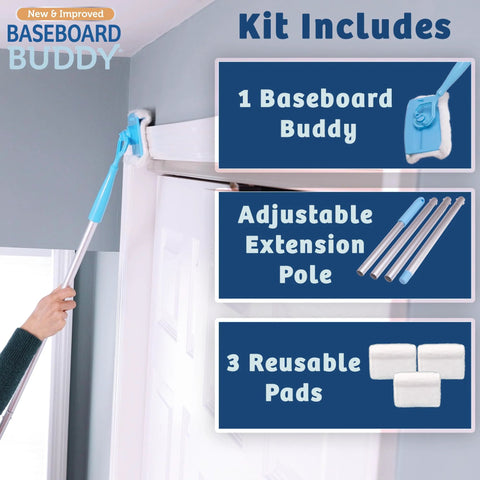 Lightweight Baseboard Cleaning Tool For Cleaning Baseboards Moldings And Walls With Glide And Wipe Action Includes One Tool And Three Reusable Pads As Seen On TV, shown with adjustable extension pole and pads.