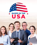Group of professionals in front of 'Based in the USA' logo with American flag.