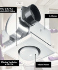 Ceiling Bathroom Exhaust Fan And Infrared Heater All In One 70 CFM 250 Watt BR40 Size Infrared Bulb Not Included 4.0 Sones Easy Install
