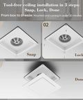 Installation steps for Ultra Quiet 110 CFM Bathroom Exhaust Fan With 10 Inch Panel No Light 8x8 Mount 4 Inch Duct.