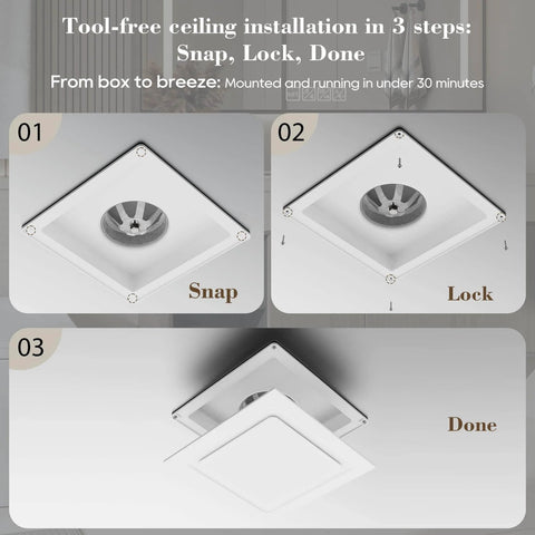 Installation steps for Ultra Quiet 110 CFM Bathroom Exhaust Fan With 10 Inch Panel No Light 8x8 Mount 4 Inch Duct.