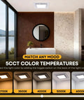 Bathroom Exhaust Fan With Light, 12 Inch Ultra Quiet 1.0 Sones, installed in a modern bath with 5 CCT color options shown