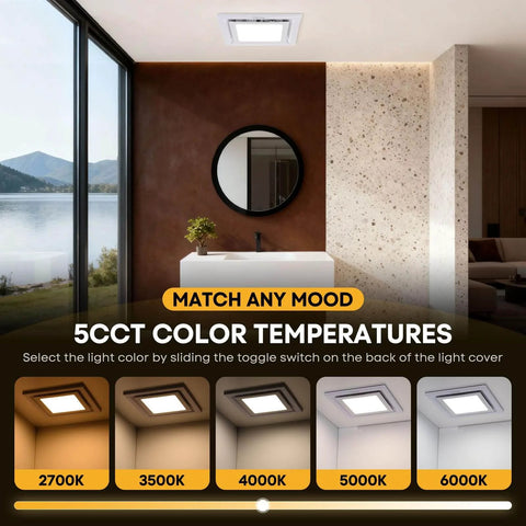 Bathroom Exhaust Fan With Light, 12 Inch Ultra Quiet 1.0 Sones, installed in a modern bath with 5 CCT color options shown