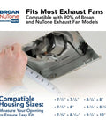 Close-up of Magnetic Universal CleanCover Bath Fan Replacement Grille installation with hand measuring opening, compatible sizes shown.