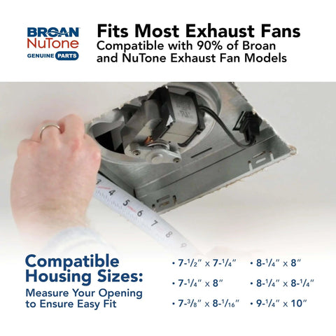 Close-up of Magnetic Universal CleanCover Bath Fan Replacement Grille installation with hand measuring opening, compatible sizes shown.