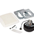 Ultra Quiet Bath Fan Replacement Kit With Motor And Grille 60 CFM 20 Percent More Power White DIY Install No Wiring Or Cutting Required QuickKit Technology Reduces Noise Up To Fifty Percent For Fresher Air components, including grille, motor, and tools on white background.