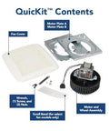 Ultra Quiet Bath Fan Replacement Kit With Motor And Grille 60 CFM 20 Percent More Power White DIY Install No Wiring Or Cutting Required QuickKit Technology Reduces Noise Up To Fifty Percent For Fresher Air components including fan cover, motor plates, motor and wheel assembly.