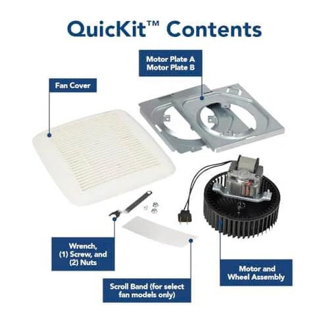 Ultra Quiet Bath Fan Replacement Kit With Motor And Grille 60 CFM 20 Percent More Power White DIY Install No Wiring Or Cutting Required QuickKit Technology Reduces Noise Up To Fifty Percent For Fresher Air components including fan cover, motor plates, motor and wheel assembly.