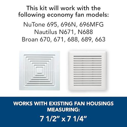 Genuine Bath Fan Replacement Motor And Cover Kit For 50 CFM Four Point Zero Sones Diy Friendly Easy Install Quiet Operation Odor And Moisture Removal Fits Broan NuTone Exhaust Fans shown with cover dimensions.