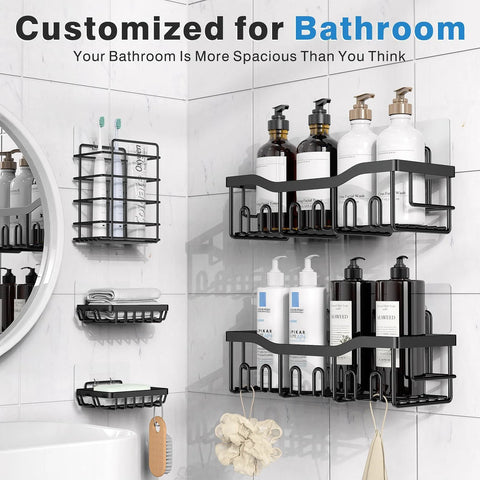 Adhesive Shower Caddy Set 5 Pack Rustproof Stainless Steel Bath Organizers installed on a tiled bathroom wall