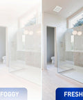 Bathroom comparison showing foggy versus fresh air with On-Demand Pick-A-Flow Ceiling Mount Exhaust Fan With 110 130 150 CFM, FV-1115VK3 Panasonic.
