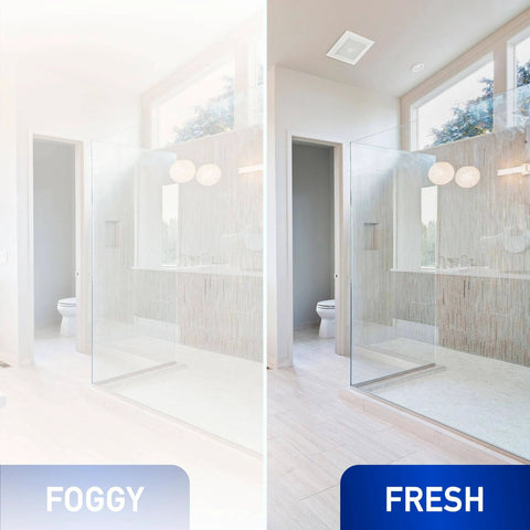 Bathroom comparison showing foggy versus fresh air with On-Demand Pick-A-Flow Ceiling Mount Exhaust Fan With 110 130 150 CFM, FV-1115VK3 Panasonic.