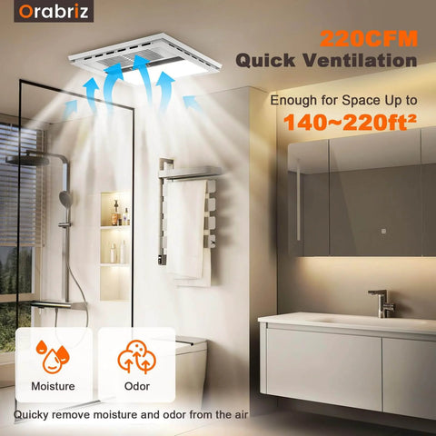 Bathroom with Orabriz 4 In 1 Bathroom Exhaust Fan With Heater Orabriz 1100W 2200W Dual Heating 220 CFM Quiet Ceiling Mount LED Light