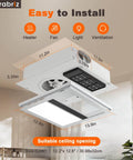 Detailed diagram of 4 In 1 Bathroom Exhaust Fan With Heater Orabriz 1100W 2200W Dual Heating 220 CFM Quiet Ceiling Mount LED Light.
