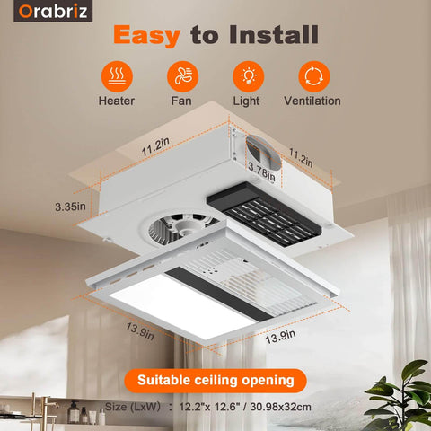 Detailed diagram of 4 In 1 Bathroom Exhaust Fan With Heater Orabriz 1100W 2200W Dual Heating 220 CFM Quiet Ceiling Mount LED Light.