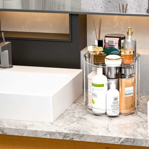 4 Pack 9.5 Inch Clear Acrylic Lazy Susan Turntable Organizer with pillars on bathroom countertop with toiletries
