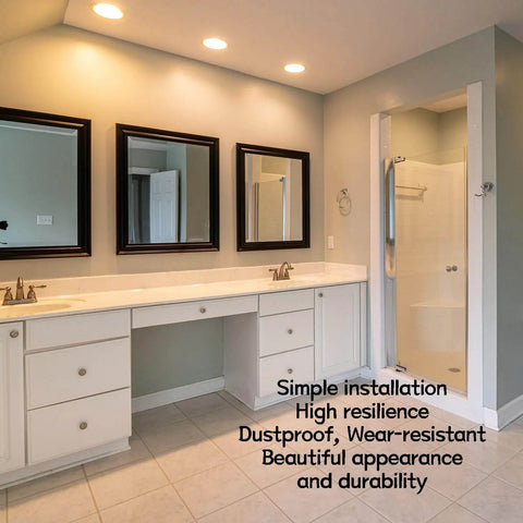 Modern bathroom with double vanity, three mirrors, and a shower stall, showcasing simple installation and durable design.