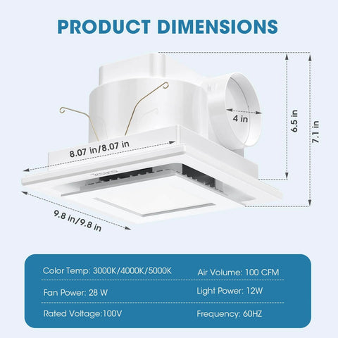 100 CFM Bathroom Exhaust Fan With 3CCT LED Light, Ultra Quiet 1.0 Sone, features dimensions and light settings, Tesansi