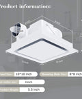 Ultra Quiet 110 CFM Bathroom Exhaust Fan With 10 Inch Panel No Light 8x8 Mount 4 Inch Duct For Bathroom Garage Or Home Eliminates Moisture Odors And Steam, shown with dimensions and features.