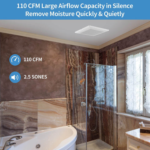 Quiet 110 CFM Bathroom Exhaust Fan With Metal Housing For Ceiling Mount in bathroom, high airflow up to 107 sq ft, white grille.