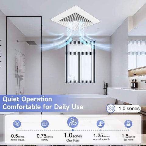 Ultra Quiet Bathroom Ceiling Exhaust Fan For Home Use 110 CFM 1.0 Sones 40 dB installed in modern bathroom ceiling.