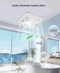 Ultra Quiet Ceiling Bathroom Exhaust Fan With 110 CFM And One Point Zero Sones For Quiet Moisture And Odor Removal Energy Saving 12 Inch Plastic Panel Shower Vent 4 Inch Duct And Ten By Ten Mounting Hole No Fuss Easy Install installed in modern bathroom removing odors and moisture