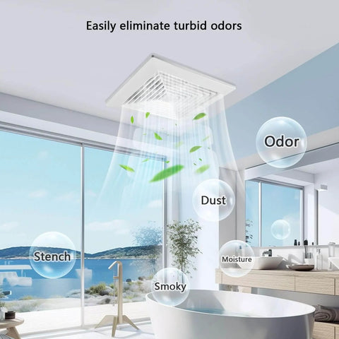 Ultra Quiet Ceiling Bathroom Exhaust Fan With 110 CFM And One Point Zero Sones For Quiet Moisture And Odor Removal Energy Saving 12 Inch Plastic Panel Shower Vent 4 Inch Duct And Ten By Ten Mounting Hole No Fuss Easy Install installed in modern bathroom removing odors and moisture