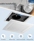 Quiet 110 CFM Bathroom Exhaust Fan With 1.0 Sones For Low Noise Bathroom Ventilation Ceiling Mounted No Attic Access Needed Easy Install 4 Inch Duct ETL And FCC Certified Amico shown installed in a ceiling with flexible ducting.
