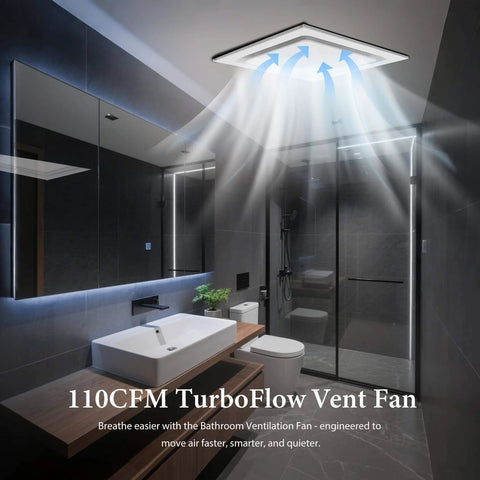 Installed Ultra Quiet 110 CFM Bathroom Exhaust Fan With 10 Inch Panel No Light 8x8 Mount 4 Inch Duct in modern bathroom
