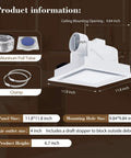 Diagram of Ultra Quiet 12 Inch Bathroom Exhaust Fan With 6500K LED Light, 120 CFM, 1.0 Sone, 10x10 Mount shown with dimensions
