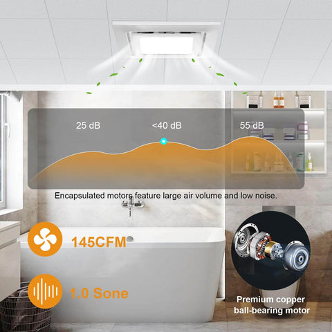 Whisper Quiet 10 Inch Bathroom Exhaust Fan With 6500K Fixed LED Light, 1.0 Sone, 145 CFM, ceiling installation shown
