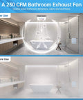 Before and after comparison of bathroom with Do It All Bathroom Exhaust Fan With Bluetooth Speaker And LED Light Nightlight Remote 230 CFM 1.0 Sone Three Color Temperatures Seven LED Colors Easy Install White installed