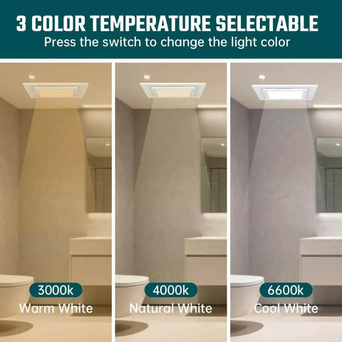 Ultra Quiet 12 Inch Bathroom Exhaust Fan With LED Light 141 CFM Three Color Temperatures 3000K 4000K 6600K Square Vent