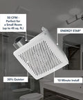 50 CFM Bathroom Exhaust Fan With Modern Grille, Energy Star Certified, Quiet 2.0 Sones, shown installed in small bathroom.