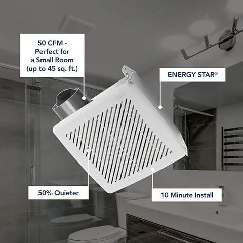50 CFM Bathroom Exhaust Fan With Modern Grille, Energy Star Certified, Quiet 2.0 Sones, shown installed in small bathroom.